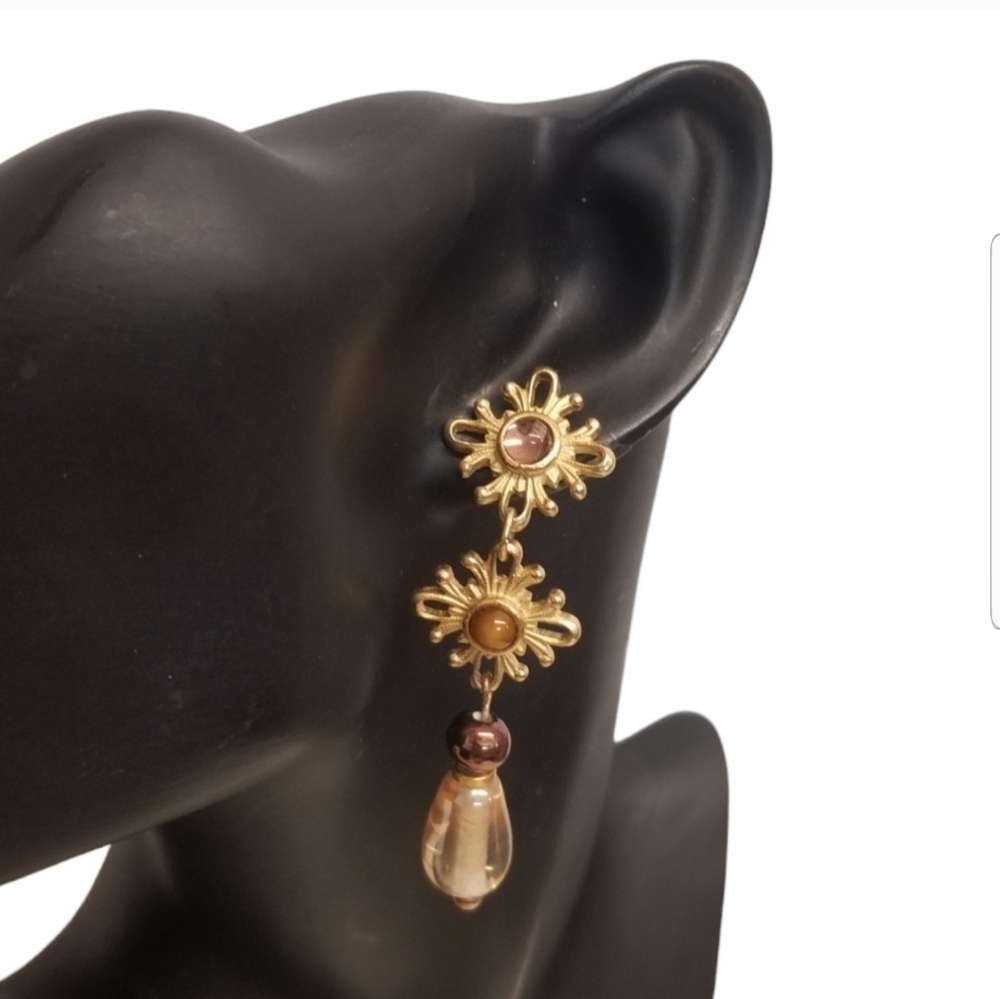 VINTAGE ORNATE GOLDTONE WITH ART GLASS BEADS & CABACHONS STATEMENT DROP EARRINGS